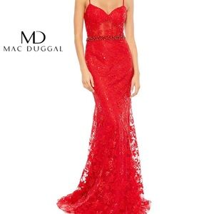 Mac Duggal 12406 Red Lace Corset Prom Gown Beaded Waist Formal Dress NWT Size 10